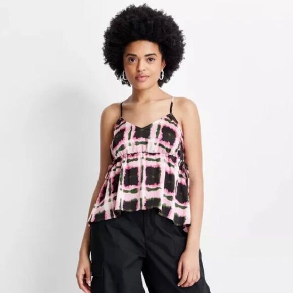 Future Collective Bold Y2K Pink Green Abstract Plaid Satin Tie-Waist Cami Top XL - Picture 1 of 12